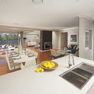 ウロンゴンの中サイズのモダンスタイルのLDKの画像 (ベージュの壁、無垢フローリング)