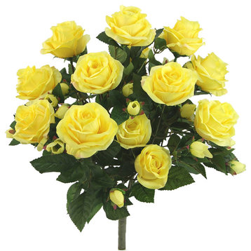 5 Stems Faux Rose and Rose Bud Flower Bush, Cream, Yellow