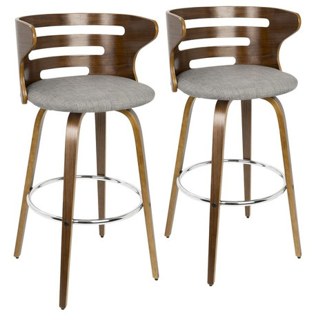 Cosini Mid-century Modern Barstool with Swivel, Walnut and Gray Fabric, Set of 2