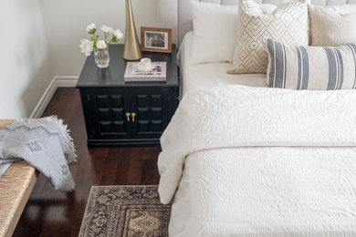 Mid-sized beach style guest dark wood floor and brown floor bedroom photo in Toronto with white walls