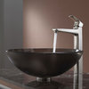 Kraus Frosted Brown Glass Vessel Sink and Virtus Faucet Brushed Nickel
