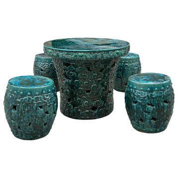 Chinese Scroll Cloud Pattern Green Round Garden Tea Table Set - 5 Pieces Hcs7651