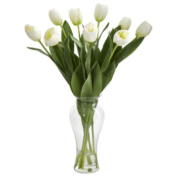Tulips Artificial Arrangement, Vase, White