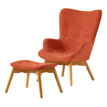 Hariata Mid-Century Modern Wingback Chair and Ottoman Set, Muted Orange