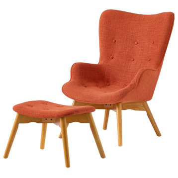 Hariata Mid-Century Modern Wingback Chair and Ottoman Set, Muted Orange