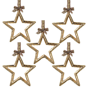 Luxe Metallic Gold Leaf Large Star Ornament Set 5 Hanging 8.5 in Open Outline