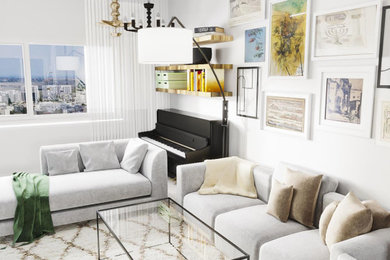 Example of a mid-sized eclectic open concept porcelain tile and beige floor living room design in Los Angeles with a music area, white walls and a wall-mounted tv