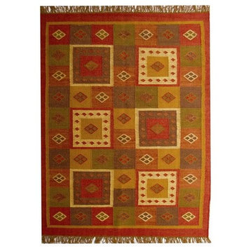 Handwoven Jute and Wool Square Pattern Rug, Earth Tones, 8'x11'
