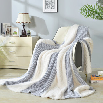 Faux Fur Knitted Throw Blanket, Blue Gray, 60"X80"