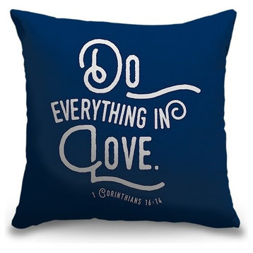 "1 Corinthians 16:14 - Scripture Art in White and Navy" Outdoor Pillow 16"x16"