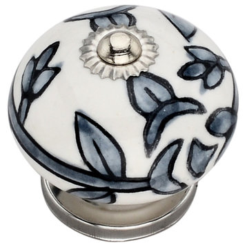 Ceramic Round 1-3/5 in. Decorative Knob Black Flower Drawer Cabinet Knob 10-Pcs