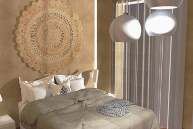 Exemple d'une chambre parentale romantique de taille moyenne avec un mur beige, sol en stratifié et du papier peint.