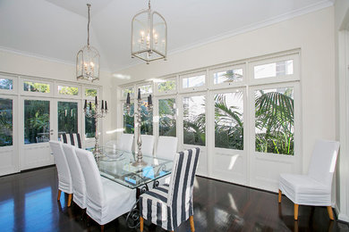 Large transitional kitchen/dining combo in Perth with white walls, dark hardwood floors and no fireplace.