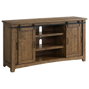 Rustic TV Stand, Pine Frame With Sliding Doors and Metal Mesh Doors, Natural