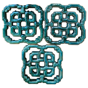 Chinese Infinite Knot Turquoise Green Mix Glaze Clay Tile, Set of 3
