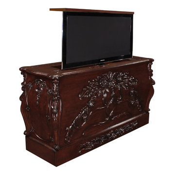 Ribbon Bombay Carved TV Lift furniture, Cabinet Tronix US Made TV Lift Cabinet