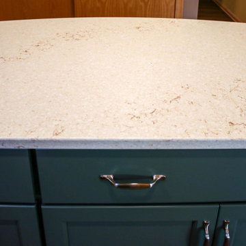 Two Tone Kitchen w/ Eucalyptus Green Island, Beige Quartz Countertops, Wine Bar