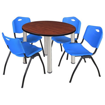 Kee 36" Round Breakroom Table, Cherry/Chrome and 4 "M" Stack Chairs, Blue