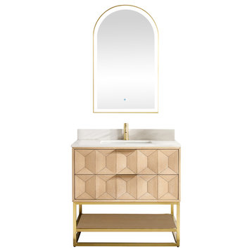 Milagro Bath Vanity With Top, Ash Grey, Brushed Gold Base, 36", With Mirror