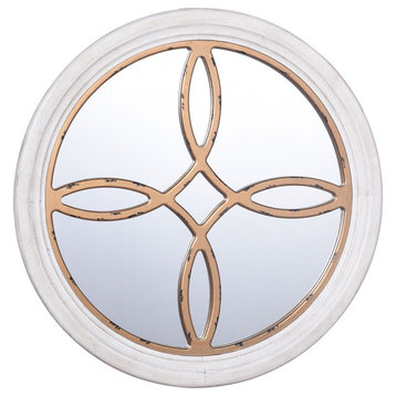 Distressed Gold and White Round Wooden Traditional Wall Mirror