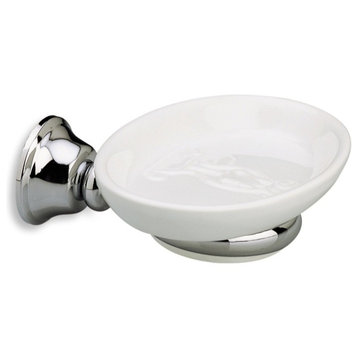 Wall Mounted Round White Ceramic Soap Dish With Brass Mounting, Chrome