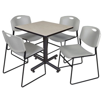 Kobe 30" Square Breakroom Table, Maple and 4 Zeng Stack Chairs, Gray