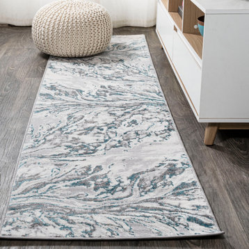 Swirl Marbled Abstract Area Rug, Gray/Turquoise, 2'x10'