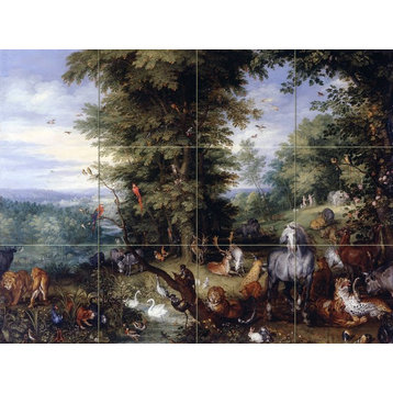 Tile Mural, Landscape Animals Horses Bird Marble Matte