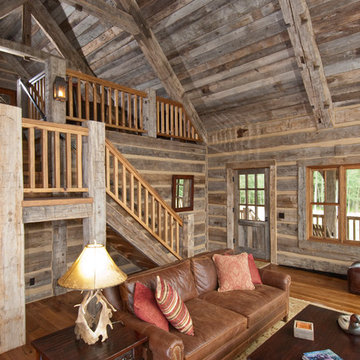 Hand-Hewn skin wall paneling and barnwood ceiling