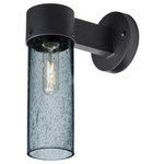 Besa Lighting - Besa Lighting JUNI10BL-WALL-BK Juni 10 - One Light Outdoor Wall Sconce - The Juni 10 sconce is composed of a Silver aluminum bracket and transparent Blue glass cylinder, with an interesting bubble pattern blown randomly throughout the glass. The pleasing play of light through the bubble accents make for a striking affect. The standard incandescent option offers a prominent display of the lamp filament behind the glass, while the LED option results in a splash of concealed LED downlight. These stylish and functional luminaries are offered in a beautiful Silver finish.  Shade Included: TRUE  Dimable: TRUEJuni 10 One Light Outdoor Wall Sconce Black Blue Bubble GlassUL: Suitable for damp locations, *Energy Star Qualified: n/a  *ADA Certified: n/a  *Number of Lights: Lamp: 1-*Wattage:60w Medium base bulb(s) *Bulb Included:No *Bulb Type:Medium base *Finish Type:Black