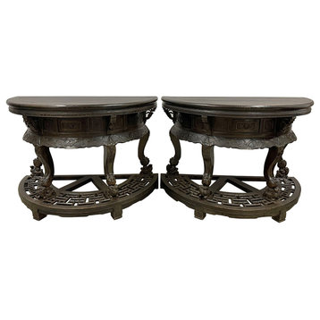 Consigned 9th Century Antique Chinese Hand Carved Half Moon Tables - Set of 2