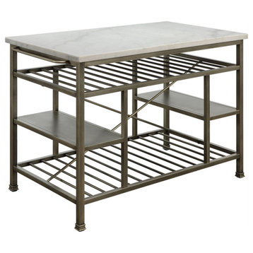 Bowery Hill Modern Kitchen Island in Marble and Antique Pewter