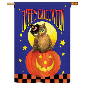 Owl on Jack-O-Lantern Halloween Vertical Garden Double Sided Flag, 28"x40"