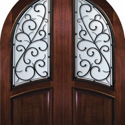 Slab Double Door 96 Wood Mahogany Bellagio Round Top Wrought Iron - Front Doors
