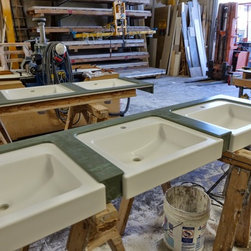 Corian Glacier White and Verde vanity top. - Vanity Tops And Side Splashes