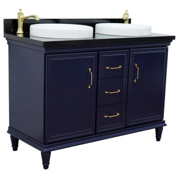49" Double Vanity, Blue Finish With Black Galaxy And Round Sink