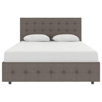 Queen Platform Bed, Button Tufted Headboard & Hidden Storage Space, Grey