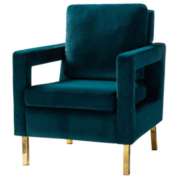 Upholstered Armchair With Metal Base, Teal