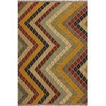 Bareens Designer Rugs - Boho Chic Turkish Kilim Gita Hand-Woven Wool Rug - 5'2'' x 6'8'' - Elevate the elegance of your home with this stunning hand-woven tribal Kilim wool rug. Meticulously crafted on a loom by the Nomad Turkman people using hand-spun wool and 100% natural vegetable dyes, these rugs are recognized for their repetitive geometric patterns, incorporating naturalistic floral and traditional designs. The contemporary fashion palette results in bold, sharp patterns that are incredibly versatile, as the pattern is the same on both sides. These reversible rugs feature a lighter shade on one side and brighter colors on the other, providing versatility according to preference. These unique rugs are made by knotting short strands of different colors onto the warps and securing them by tightly pressing the wefts. The designs are created by interweaving the various colored wefts and warps. Kilims are known for their exceptional durability and versatility, making them truly unique rugs.  Product Details    Rug Size: 5'2'' x 6'8''  Material: 100% Wool  Style: Kilim, Flat Weave, Dhurrie, Turkish, Southwestern, Rustic, Tribal  Colors: Grey, Beige, Red, Blue  Weave Type: Hand-Woven, Handmade  Pile Height: Less than 0.25 inch