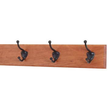 Solid Cherry Wide Wall Coat Rack With Bronze Hooks, Gunstock, 15"x3.5"