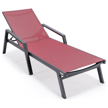 LeisureMod Marlin Patio Chaise Lounge Chair With Armrests, Burgundy
