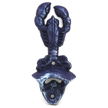 Rustic Dark Blue Cast Iron Wall Mounted Lobster Bottle Opener 6", Nautical