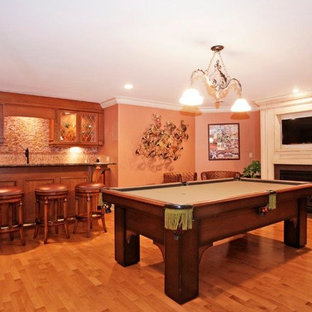 This is an example of an expansive traditional walk-out basement in Other with multi-coloured walls and brick flooring.