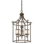 Kichler - Large Foyer Pendant 3-Light, Mission Bronze - This classic 3 light foyer chandelier cage will effortlessly add to the beauty of your home. Featuring a refined Mission Bronze finish and Satin Etched White Glass, this design will accent any space.