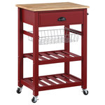 OSP Home Furnishings - Hampton Kitchen Cart With Wood Top and Red Base - A flawless solution for space-saving homes and apartment living, our Kitchen Cart with Wood Top, combines beauty and functionality. Its multifunctional design makes it perfect for food preparation, serving, and kitchen storage. Beautiful from every angle, it features a solid wood painted finish, contrasted with the clean lines of a durable wood food prep surface. A top drawer will hold all your cooking utensils, while the charming pull-out basket will hold your fresh produce or kitchen linens. Two slatted open shelves are ideal for large pot storage and display. The handy towel bar, heavy-duty hardware and locking casters, provide long lasting appeal.  A must-have addition to any home, this charming kitchen cart is sure to be your new favorite place for both cooking and stowing away countertop clutter.