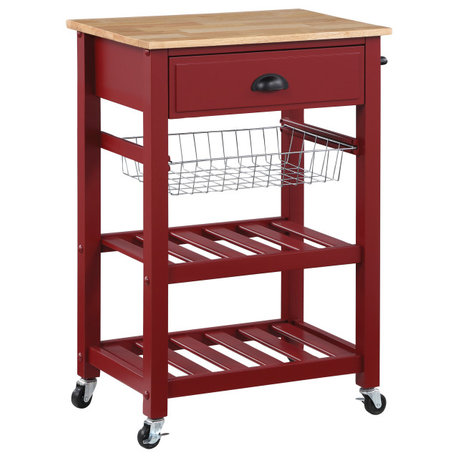 Hampton Kitchen Cart With Wood Top and Red Base