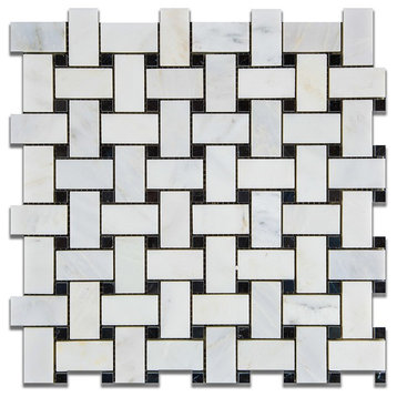 Oriental White / Asian Statuary Marble Honed Basketweave Mosaic Tile w/ Black...