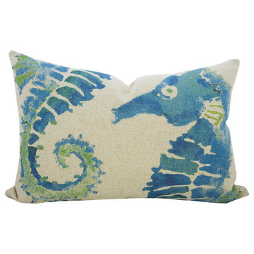 Seahorse Linen Throw Pillow, Blue