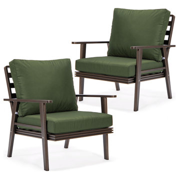 LeisureMod Walbrooke Brown Patio Armchairs with Cushions Set of 2, Green