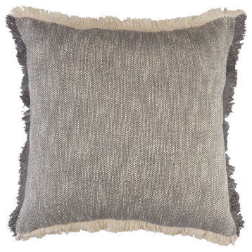 Two-Tone Cotton Throw Pillow with Fringe, Gray, 20" X 20"
